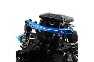 A blue anodized aluminium rear shock tower plate installed on an RC car chassis, featuring the Yeah Racing logo.