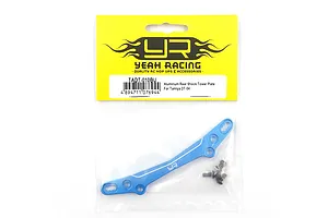 A blue aluminium rear shock tower plate for Tamiya DT-04 by Yeah Racing, packaged in a clear plastic bag with a yellow header card.