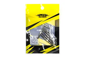 A set of seven silver-colored metal turnbuckles inside a yellow and black Yeah Racing branded plastic retail bag.
