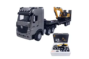 HuiNa 1522 RC Semi Truck Electric 2WD 1/18 Scale RTR with Flatbed Trailer and Excavator - Silver image 128559