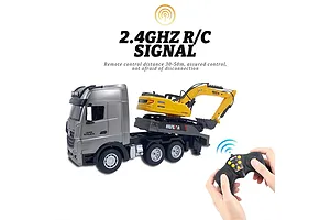 HuiNa 1522 RC Semi Truck Electric 2WD 1/18 Scale RTR with Flatbed Trailer and Excavator - Silver image 128561