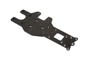 A flat, carbon fibre rear main chassis plate for an RC vehicle, featuring a woven texture and multiple pre-drilled mounting holes.