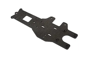 A flat, carbon fibre rear main chassis plate for an RC vehicle, featuring a woven texture and multiple mounting holes.