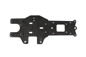 A flat, carbon fibre RC car chassis plate with a woven pattern, featuring multiple mounting holes and cutouts, isolated on a white background.