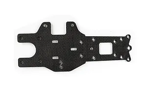 A flat, carbon fibre rear main chassis plate for an RC vehicle, featuring a woven pattern and multiple pre-drilled mounting holes.