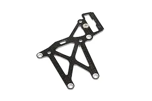 A Rovan carbon fibre rear upper plate brace for RC cars, featuring a geometric cutout design with metal-reinforced mounting holes.