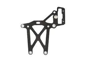 A flat carbon fibre rear upper plate brace for an RC vehicle, featuring a geometric cutout design and integrated metal mounting eyelets.