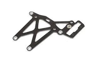A flat, carbon fibre rear upper plate brace for an RC vehicle, featuring a geometric cutout design and multiple mounting holes.