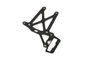 A flat, carbon fibre rear upper plate brace for an RC car, featuring a geometric cutout design and multiple mounting holes.