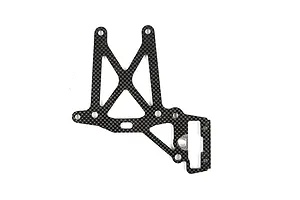 A flat carbon fibre rear upper plate brace for an RC car, featuring a woven pattern and multiple mounting holes.