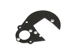 A flat, carbon fibre spur gear plate for an RC vehicle, featuring a distinct curved shape with multiple mounting holes and a central cutout.