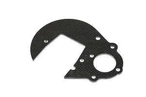 A flat, carbon fibre spur gear plate for an RC vehicle, featuring a curved shape with multiple mounting holes and a central circular cutout.