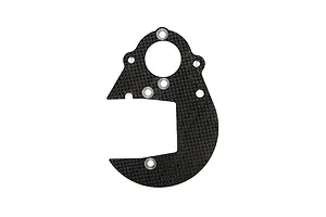 A flat, black carbon fibre spur gear plate with multiple mounting holes and a central cutout, isolated on a white background.