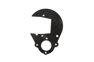 A flat, carbon fibre spur gear plate for an RC car with a distinctive C-shape and multiple mounting holes.