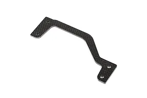A flat, carbon fibre rear chassis brace for an RC vehicle with four mounting holes, shown against a plain white background.