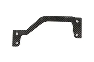 A flat, L-shaped carbon fibre rear brace for an RC car, featuring a distinct woven pattern and four pre-drilled mounting holes.