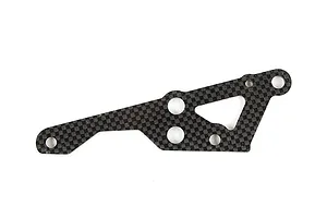 A flat, carbon fibre engine mount brace for an RC car, featuring a checkered weave pattern and multiple mounting holes.