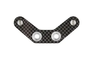 A V-shaped carbon fibre suspension pin brace with four mounting holes, two of which have silver metal inserts.