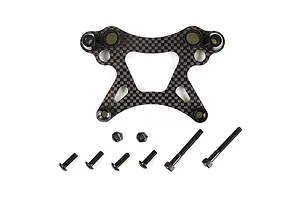 Rovan carbon fibre front shock tower with included mounting hardware, including screws and nuts, on a white background.