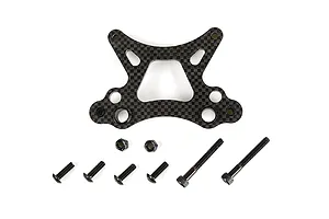 Rovan carbon fibre front shock tower with included mounting hardware including screws and nuts on a white background.