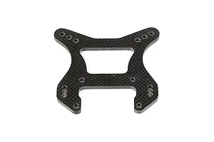 A flat, carbon fibre front shock tower for an RC vehicle, featuring a symmetrical design with multiple mounting holes.