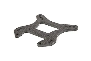 A flat, H-shaped carbon fibre RC front shock tower with multiple mounting holes, shown against a plain white background.