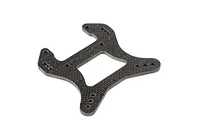 A flat, carbon fibre RC front shock tower with multiple mounting holes, shown from an angled perspective against a white background.