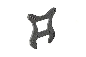 A flat, carbon fibre RC front shock tower with multiple mounting holes, shown against a plain white background.
