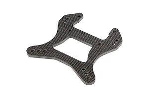 A flat, carbon fibre RC front shock tower with multiple mounting holes, shown from an angled perspective against a white background.