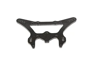 A flat, carbon fibre rear shock tower for an RC car with multiple mounting holes, isolated on a white background.