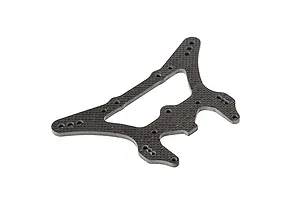 A flat, carbon fibre RC rear shock tower with multiple mounting holes, shown from an angled perspective against a white background.