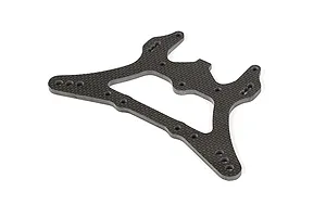 A flat, carbon fibre RC rear shock tower with multiple mounting holes, viewed from an angle against a white background.