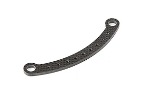 A curved carbon fibre steering connecting plate with multiple mounting holes, isolated on a white background.
