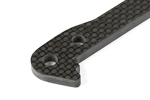 Close-up of a carbon fibre suspension arm brace with two mounting holes against a white background.