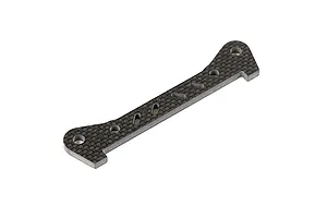 A Rovan carbon fibre rear lower suspension arm pin brace for RC vehicles, featuring a woven pattern and multiple mounting holes.