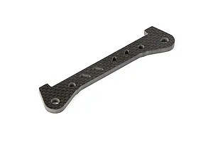 A carbon fibre rear lower suspension arm pin brace for an RC car, featuring a woven pattern and multiple mounting holes.
