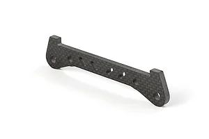A carbon fibre rear lower suspension arm pin brace for an RC car, featuring a flat, elongated design with multiple mounting holes.