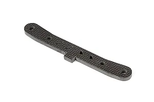 A Rovan carbon fibre rear lower suspension arm pin brace featuring a flat, elongated design with multiple mounting holes and a central tab.