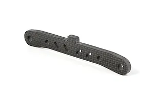A single Rovan carbon fibre rear lower suspension arm pin brace featuring a flat, elongated design with multiple mounting holes and a central tab.