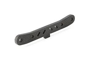 A curved carbon fibre suspension arm brace with multiple mounting holes and slots, isolated on a white background.