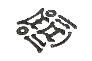 A set of Rovan carbon fibre RC car parts including shock towers, braces, and brake discs arranged on a white background.