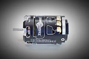 Team Powers Actinium V5 17.5T sensored brushless motor in black with silver accents, featuring visible terminal tabs and branding.