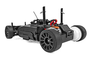 Rear three-quarter view of a Team Associated SR27 RC car chassis without the body shell, showing the motor, wheels, and suspension components.