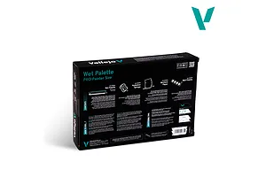 The back of a black Vallejo Wet Palette Pro Painter Size box, showing product contents, usage instructions, and additional tips in English and Spanish.