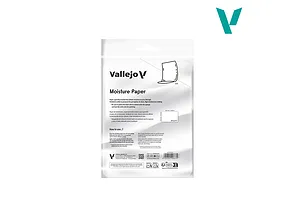 A sealed plastic bag containing 30 sheets of Vallejo Moisture Paper for wet palettes, featuring instructions and product details printed on the front.