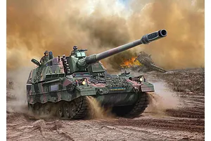 Box art illustration of a Panzerhaubitze 2000 self-propelled howitzer in a combat zone with smoke and a burning vehicle in the background.