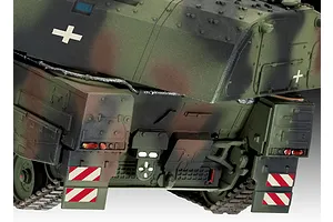 Close-up of the rear of a painted Panzerhaubitze 2000 model tank showing camouflage paint, red and white warning stripes, and German cross markings.