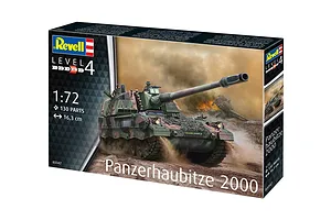 Revell 1/72 scale Panzerhaubitze 2000 model kit box featuring an illustration of the armoured howitzer in a battlefield setting.