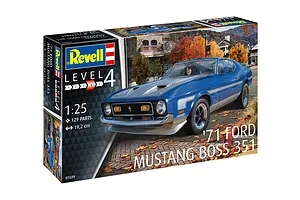 Revell 1/25 scale 1971 Ford Mustang Boss 351 plastic model kit box showing a blue Mustang on a street with autumn leaves.