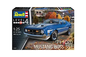 Revell 1/25 scale 1971 Ford Mustang Boss 351 plastic model kit box showing a blue Mustang on a street with autumn leaves.